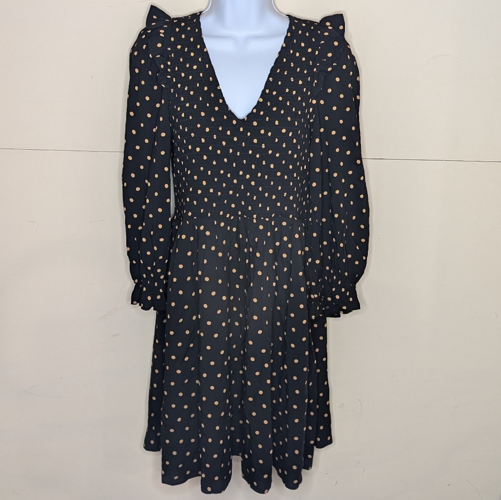 NWT Madewell Dress Long Sleeve Mid Length Polka Dot Black and Tan